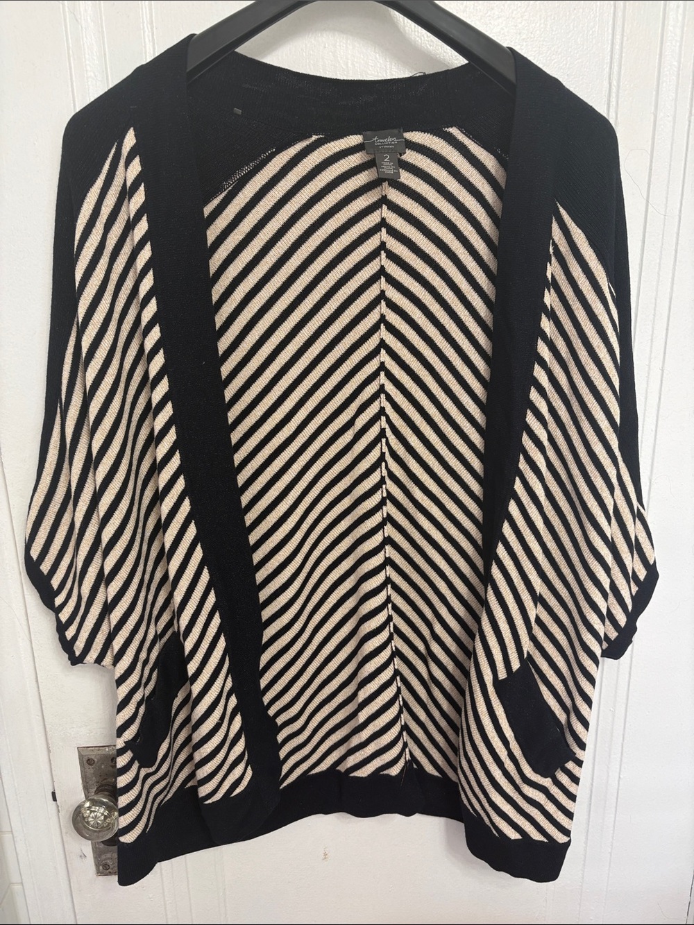Chico's Black and Cream Diagonal Stripe Open Cardigan